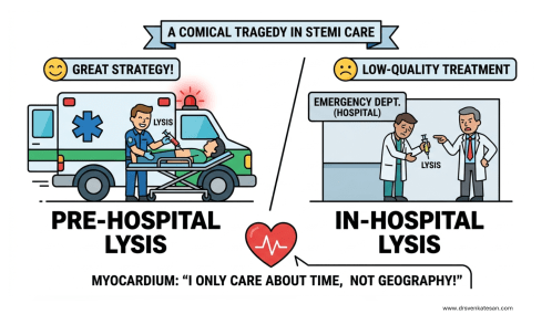 A “Comical tragedy” in STEMI care: Pre- hospital thrombolysis is Great, In-hospital lysis is a Dud !
